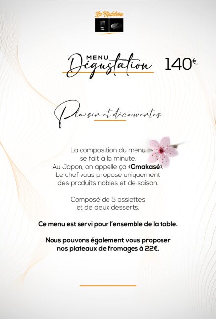 Carte du Menu Dégustation à 140 € : cinq assiettes et deux desserts composés à la minute, façon omakasé